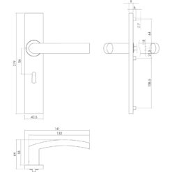 Intersteel deurklink Blok op rechthoekig schild sleutelgat 56 mm INOX geborsteld - Technische tekening