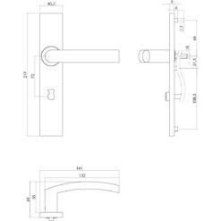 Intersteel deurklink Blok op rechthoekig schild toilet-/badkamersluiting 72 mm INOX geborsteld - Technische tekening