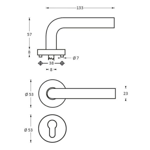 Intersteel deurklink Blok op rozet met 7 mm nok profielcilindergat INOX geborsteld - Technische tekening