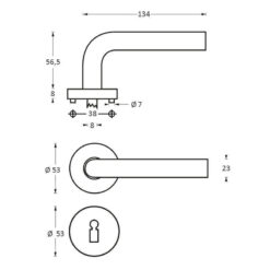 Intersteel deurklink Blok op rozet met 7 mm nok sleutelgat INOX geborsteld - Technische tekening