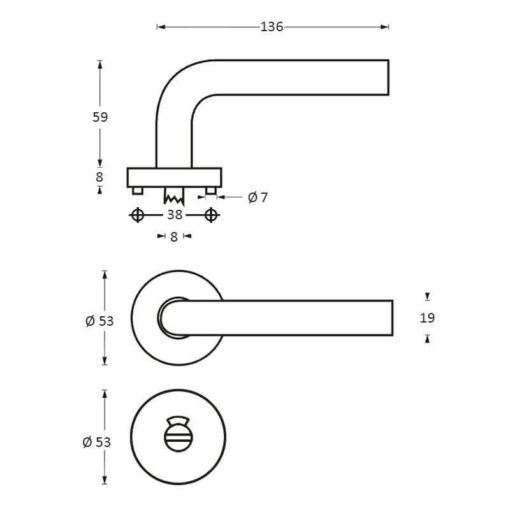 Intersteel deurklink Blok op rozet met 7 mm nok toilet-/badkamersluiting INOX geborsteld - Technische tekening