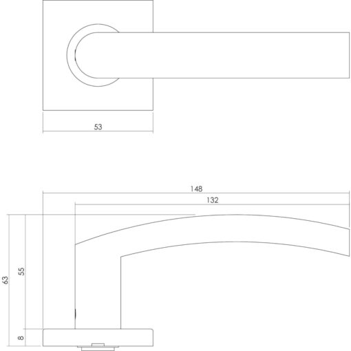 Intersteel deurklink Blok op vierkant rozet sleutelgat INOX geborsteld - Technische tekening