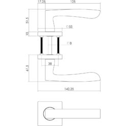 Intersteel deurklink Dean op vierkant rozet nikkel mat - Technische tekening