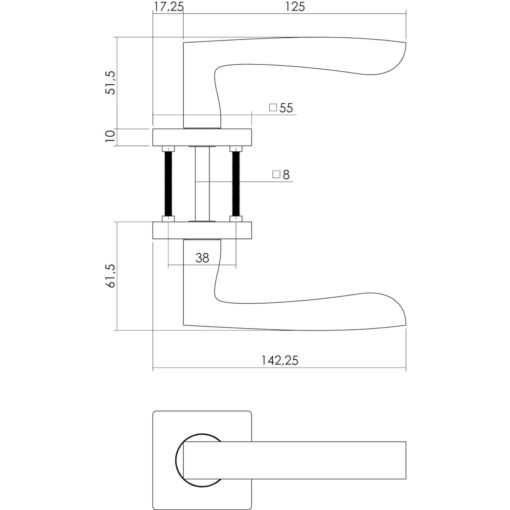 Intersteel deurklink Dean op vierkant rozet nikkel mat - Technische tekening