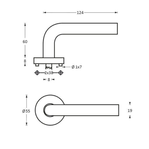 Intersteel deurklink Duimgreep op rozet INOX geborsteld - Technische tekening