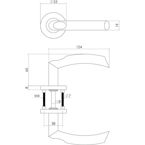 Intersteel deurklink Duimgreep op rozet met 7 mm nok INOX geborsteld - Technische tekening