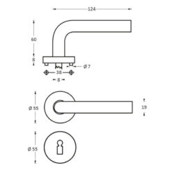 Intersteel deurklink Duimgreep op rozet sleutelgat INOX geborsteld - Technische tekening