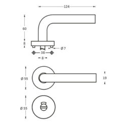 Intersteel deurklink Duimgreep op rozet toilet-/badkamersluiting INOX geborsteld - Technische tekening