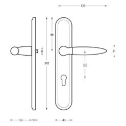 Intersteel deurklink Elen op schild profielcilindergat 55 mm chroom - Technische tekening
