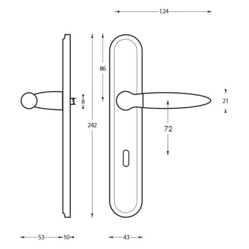 Intersteel deurklink Elen op schild sleutelgat 72 mm chroom - Technische tekening