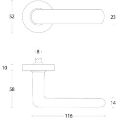 Intersteel deurklink Estelle op rond rozet INOX geborsteld - Technische tekening