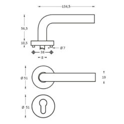 Intersteel deurklink Gebogen met rozet profielcilindergat INOX geborsteld - Technische tekening