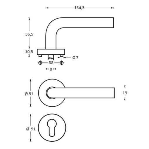 Intersteel deurklink Gebogen met rozet profielcilindergat INOX geborsteld - Technische tekening