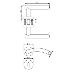 Intersteel deurklink Gebogen met rozet sleutelgat INOX geborsteld - Technische tekening