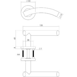 Intersteel deurklink Gebogen op rozet met 7 mm nok sleutelgat INOX geborsteld - Technische tekening