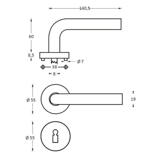 Intersteel deurklink Gebogen op rozet sleutelgat INOX geborsteld - Technische tekening