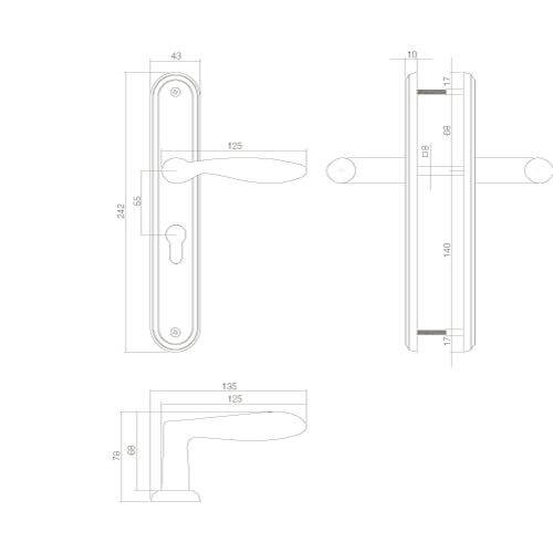 Intersteel deurklink George op schild profielcilindergat 55 mm nikkel mat - Technische tekening