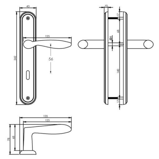 Intersteel deurklink George op schild sleutelgat 56 mm nikkel mat - Technische tekening