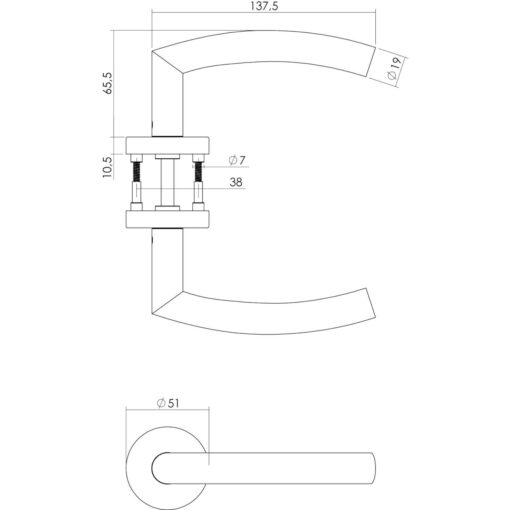 Intersteel deurklink Half Rond 90° met rozet sleutelgat INOX geborsteld - Technische tekening