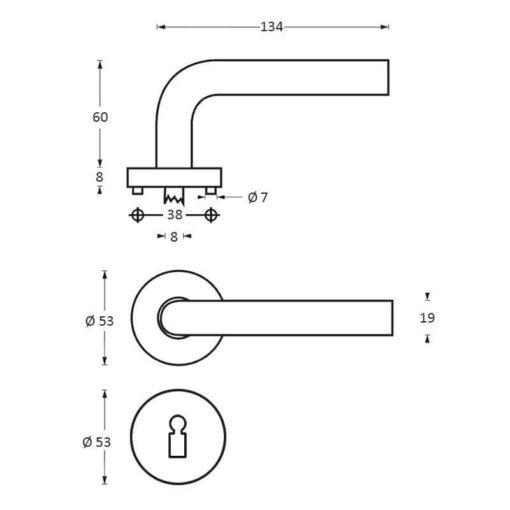 Intersteel deurklink Half Rond 90° op rozet sleutelgat INOX geborsteld - Technische tekening
