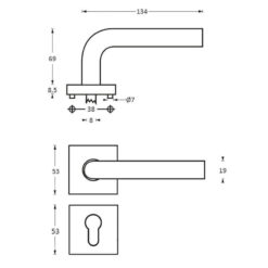 Intersteel deurklink Half Rond op vierkant rozet profielcilindergat INOX geborsteld - Technische tekening