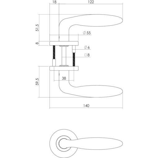 Intersteel deurklink Jupiter op staal rozet INOX geborsteld - Technische tekening