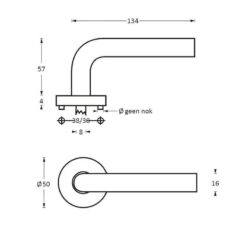 Intersteel deurklink L-hoek diameter 16 mm op rozet INOX geborsteld - Technische tekening