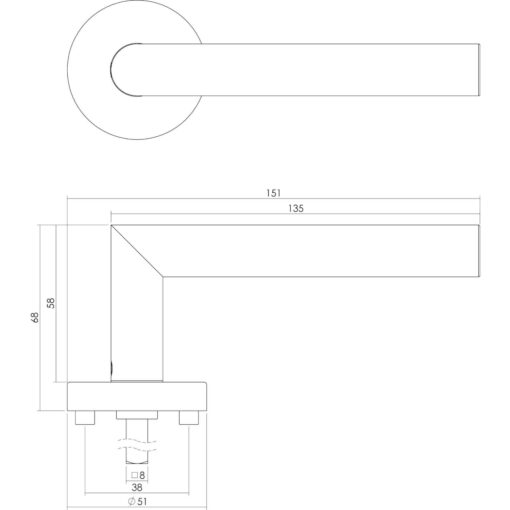 Intersteel deurklink L-hoek met rozet geveerd sleutelgat INOX geborsteld - Technische tekening