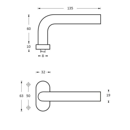 Intersteel deurklink L-hoek op ovaal rozet INOX geborsteld - Technische tekening