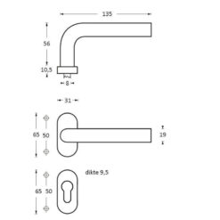 Intersteel deurklink L-hoek op ovaal rozet profielcilindergat INOX geborsteld - Technische tekening