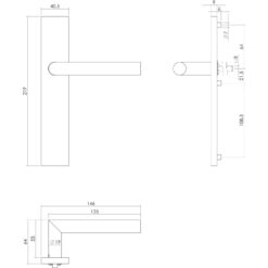 Intersteel deurklink L-hoek op rechthoekig schild blind INOX geborsteld - Technische tekening