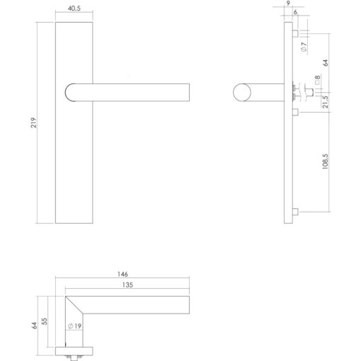 Intersteel deurklink L-hoek op rechthoekig schild blind INOX geborsteld - Technische tekening