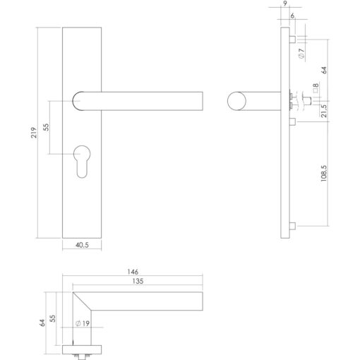 Intersteel deurklink L-hoek op rechthoekig schild profielcilindergat 55 mm INOX geborsteld - Technische tekening