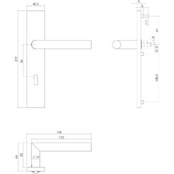 Intersteel deurklink L-hoek op rechthoekig schild sleutelgat 56 mm INOX geborsteld - Technische tekening