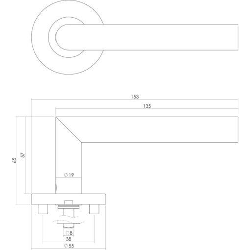 Intersteel deurklink L-hoek op rozet INOX geborsteld - Technische tekening