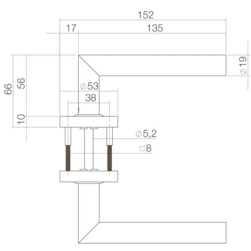 Intersteel deurklink L-hoek op rozet met ring met veer INOX geborsteld - Technische tekening