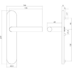 Intersteel deurklink L-hoek op schild blind INOX geborsteld - Technische tekening