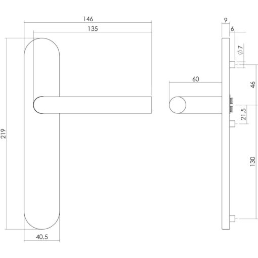 Intersteel deurklink L-hoek op schild blind INOX geborsteld - Technische tekening