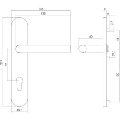 Intersteel deurklink L-hoek op schild profielcilindergat 72 mm INOX geborsteld - Technische tekening