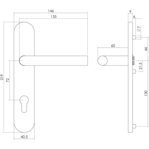 Intersteel deurklink L-hoek op schild profielcilindergat 72 mm INOX geborsteld - Technische tekening