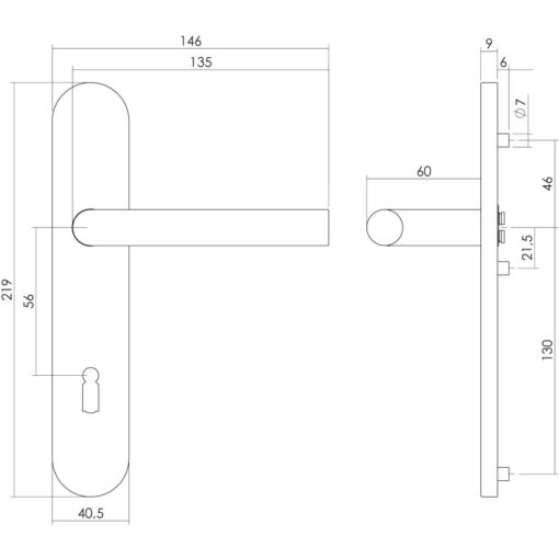 Intersteel deurklink L-hoek op schild sleutelgat 56 mm INOX geborsteld - Technische tekening
