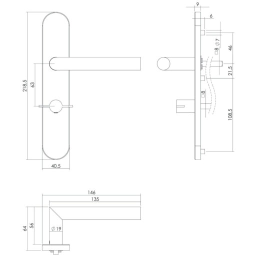 Intersteel deurklink L-hoek op schild toilet-/badkamersluiting 63 mm links INOX geborsteld - Technische tekening