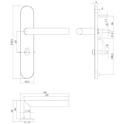 Intersteel deurklink L-hoek op schild toilet-/badkamersluiting 63 mm rechts INOX geborsteld - Technische tekening