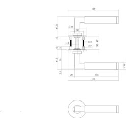 Intersteel deurklink L-hoek op vierkant magneet rozet INOX geborsteld - Technische tekening