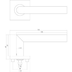 Intersteel deurklink L-hoek op vierkant rozet sleutelgat INOX geborsteld - Technische tekening