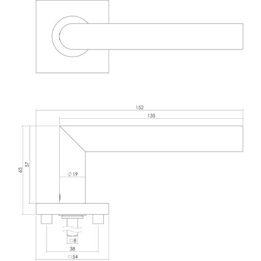 Intersteel deurklink L-hoek op vierkant rozet sleutelgat INOX geborsteld - Technische tekening