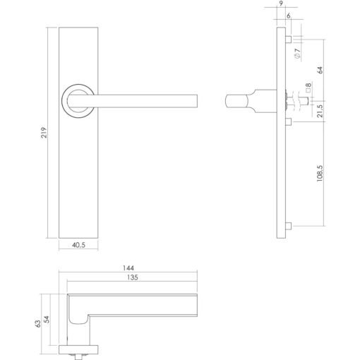 Intersteel deurklink L-hoek plat op rechthoekig schild blind INOX geborsteld - Technische tekening