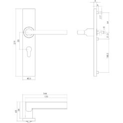 Intersteel deurklink L-hoek plat op rechthoekig schild profielcilindergat 55 mm INOX geborsteld - Technische tekening