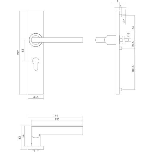 Intersteel deurklink L-hoek plat op rechthoekig schild profielcilindergat 55 mm INOX geborsteld - Technische tekening