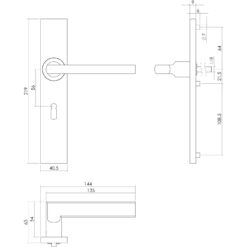 Intersteel deurklink L-hoek plat op rechthoekig schild sleutelgat 56 mm INOX geborsteld - Technische tekening
